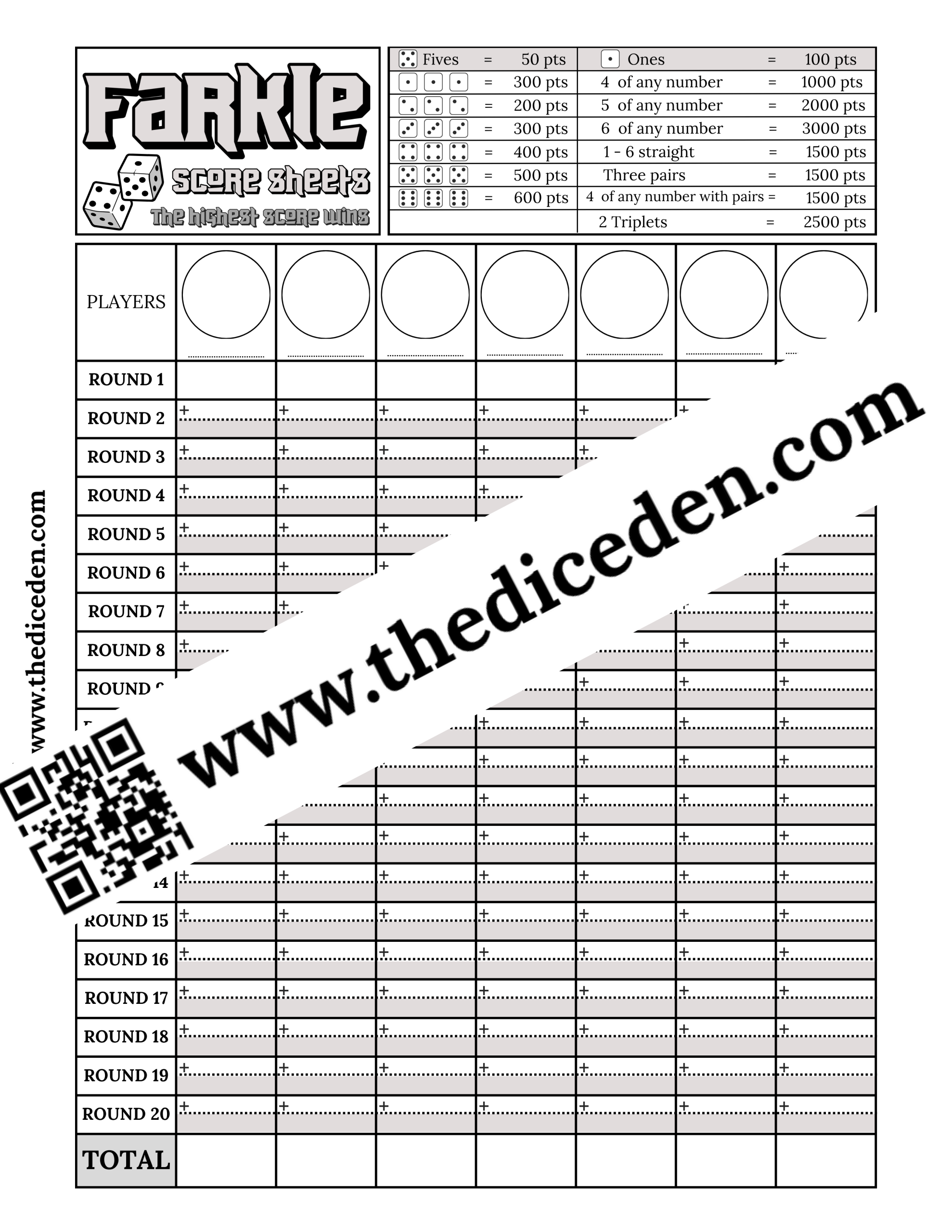 Farkle score sheet preview with watermark